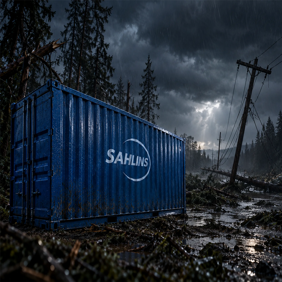 Stormblå container i regnlandskap